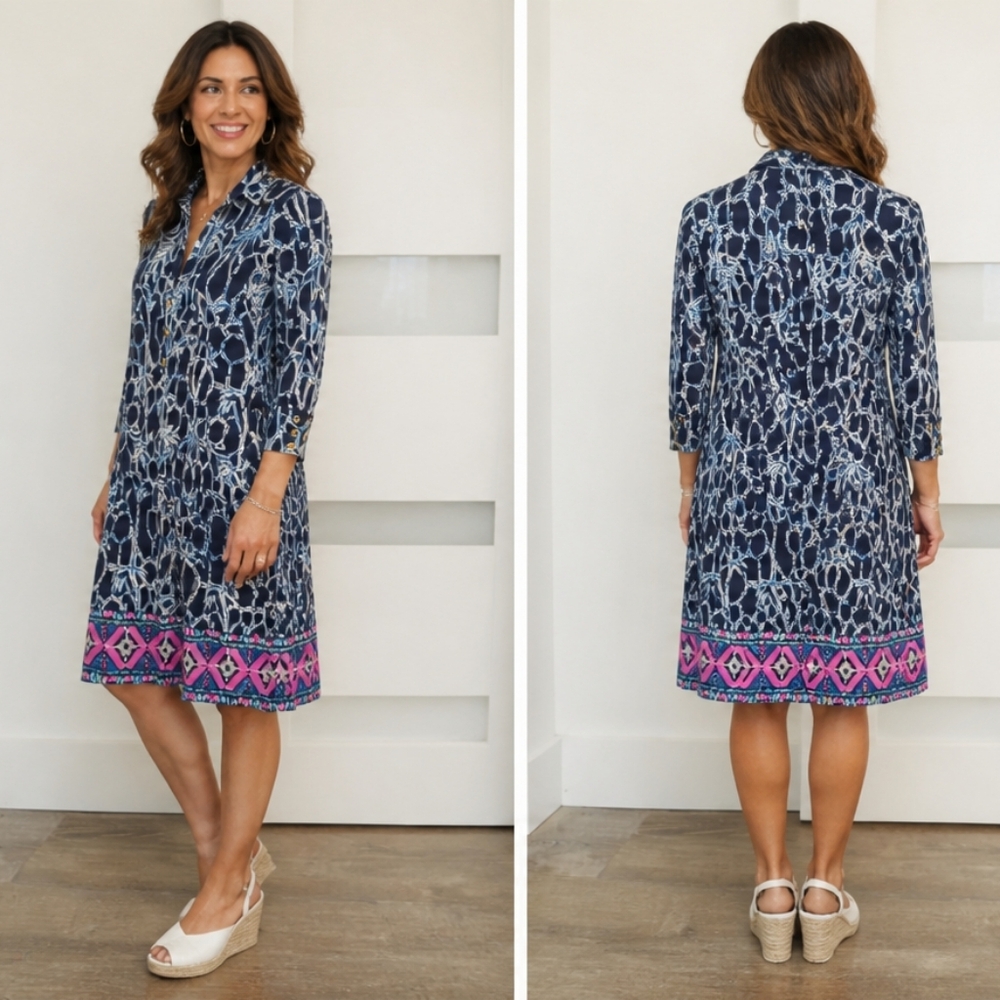 Lilly Pullitzer Navy Blue Patterned Shirt Dress with Pink Border